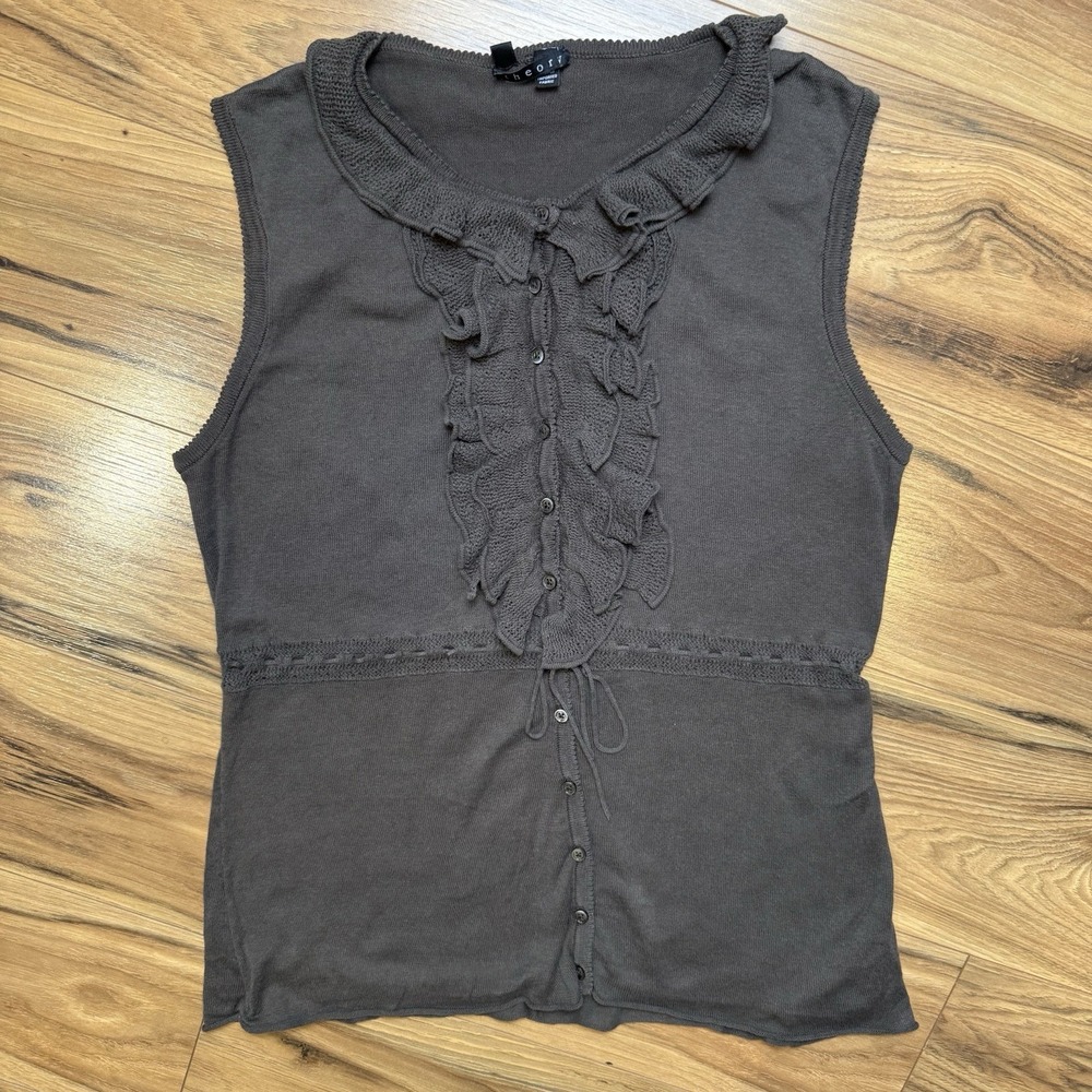 VTG Theory y2k Sz M Ruffle Knit Sleeveless‎ Top Tie Waist Brown Fairy Grunge